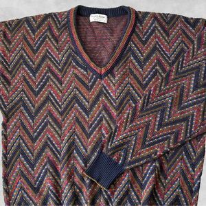 Tricots St Raphael Sweater Vintage 90s V Neck Zig Zag Jewel Tones-Men's Size L